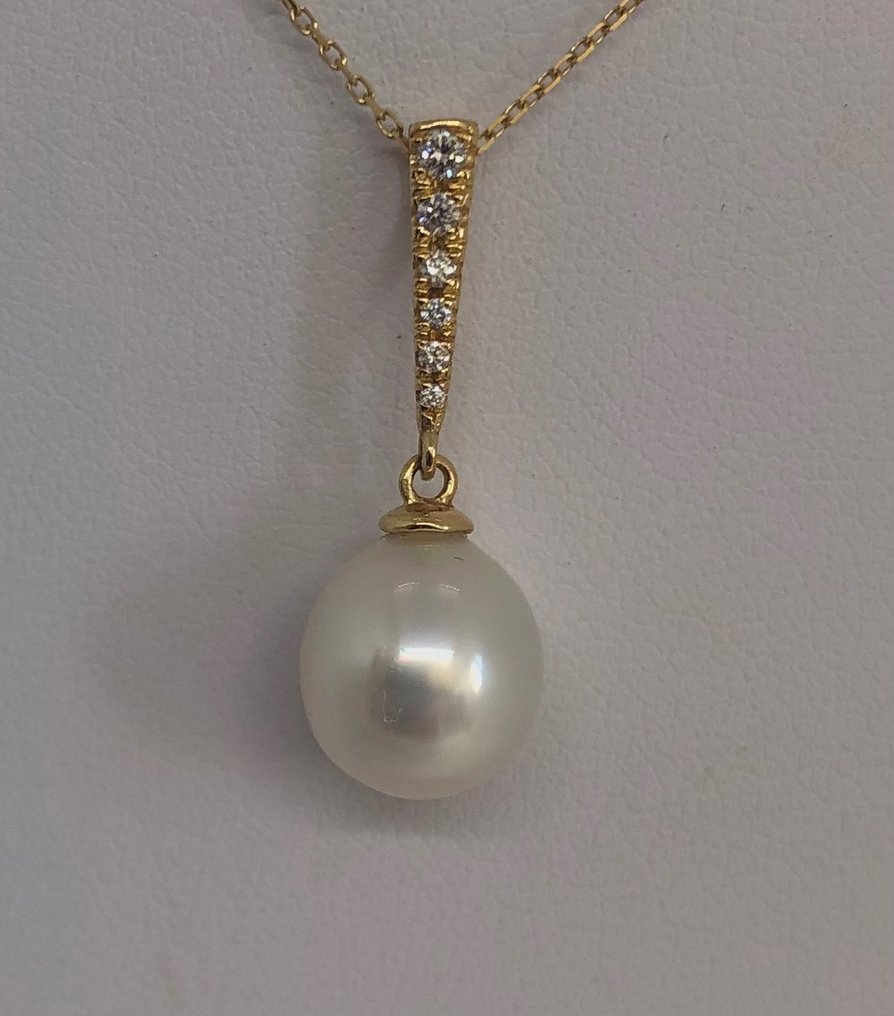 Halskæde med vedhæng SouthSea Drop Pearl - Gul guld 18K -  0.10ct. tw. Diamant  (Natur) #1.2