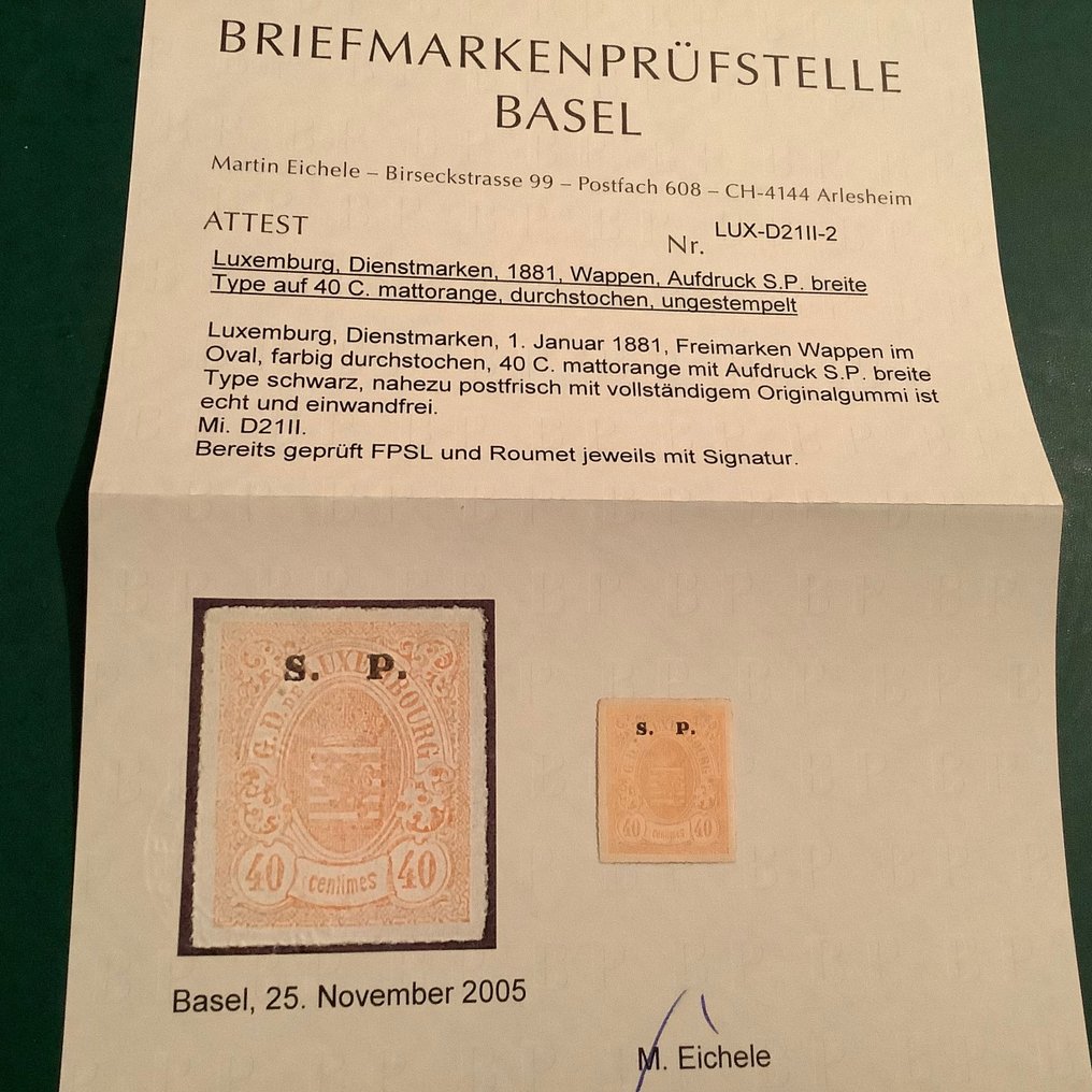 Lussemburgo 1881 - 40 centesimi impronta tipo II - certificato fotografico Eichele - Michel D21 II #1.2