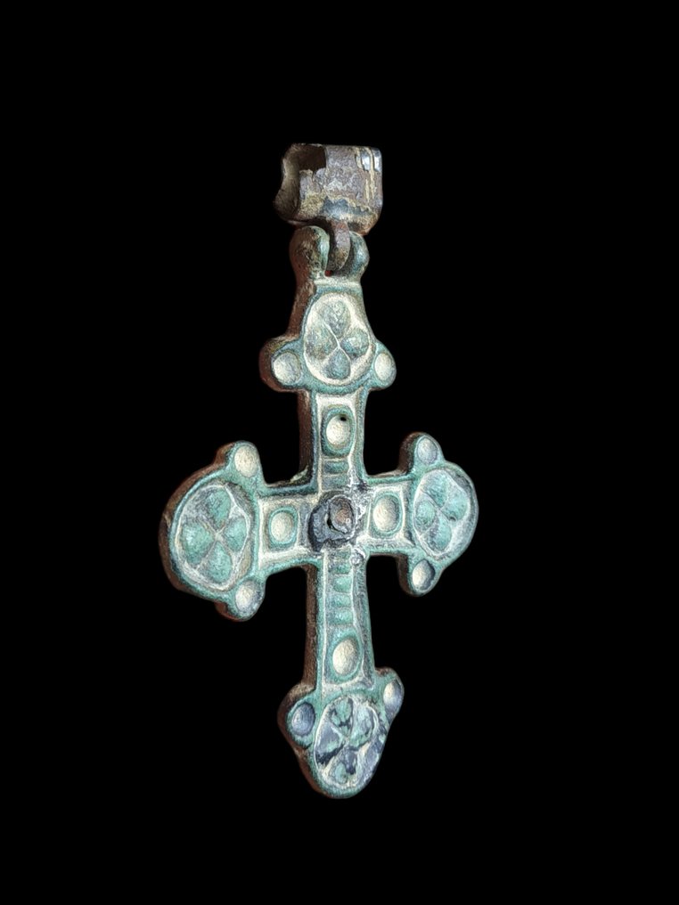 Bizantino bronzo: ottima croce con patina naturale verde smeraldo Amuleto - Con gancio di sospensione #1.2