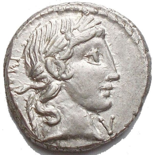 Roman Republic. C. Vibius C.f. Pansa. 90 BC. denarius EF. Shiny bottoms. Fine specimen #1.1