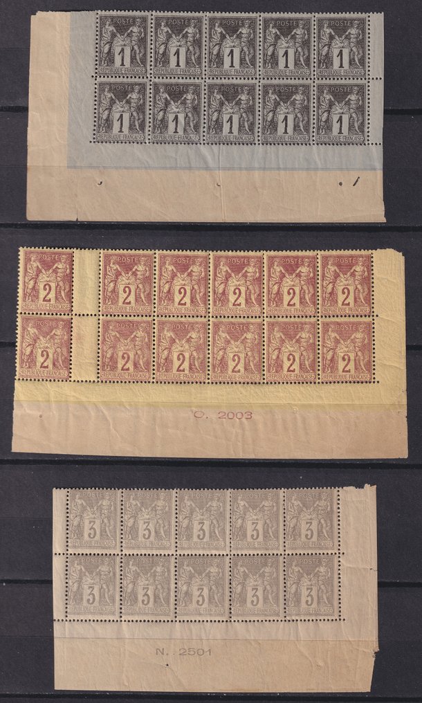Francia 1877/1880 - Lotto di 4 blocchi di 10 e 12 francobolli Sages n. 83, 85, 87 e 88, nuovi. Superbo - Yvert #1.1