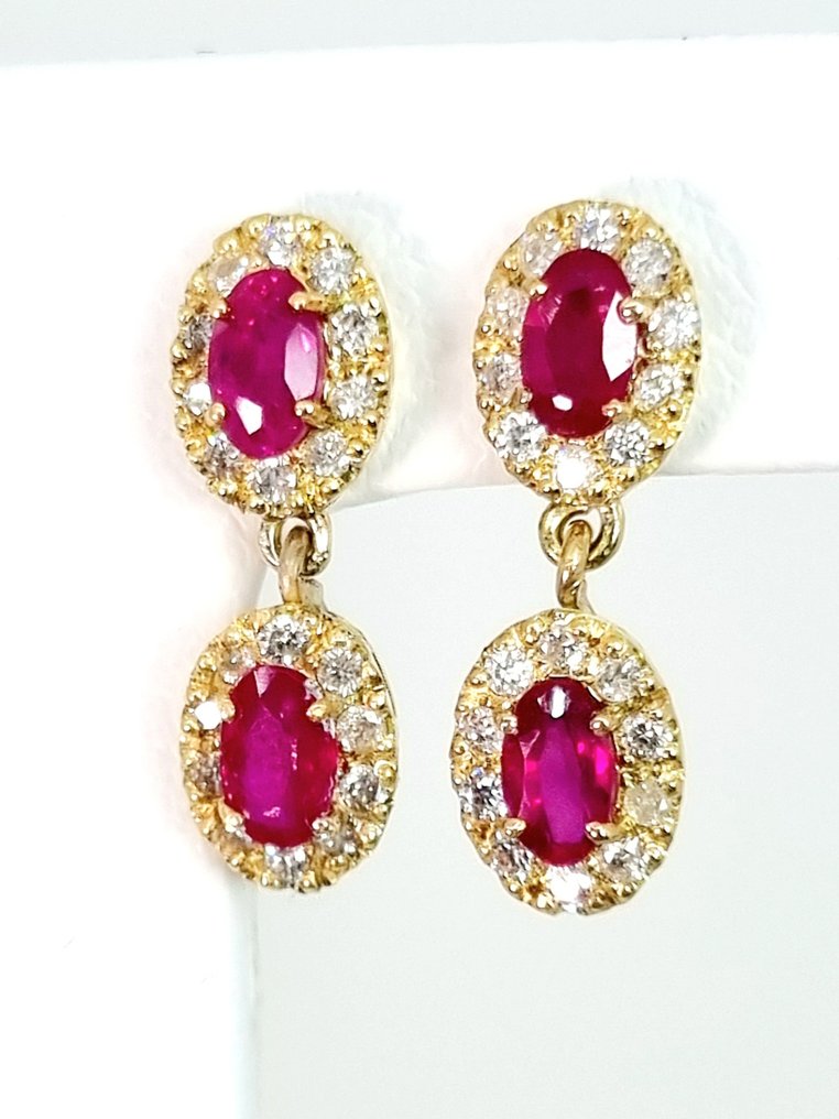 Earrings - 18 kt. Yellow gold Ruby - Diamond #1.1