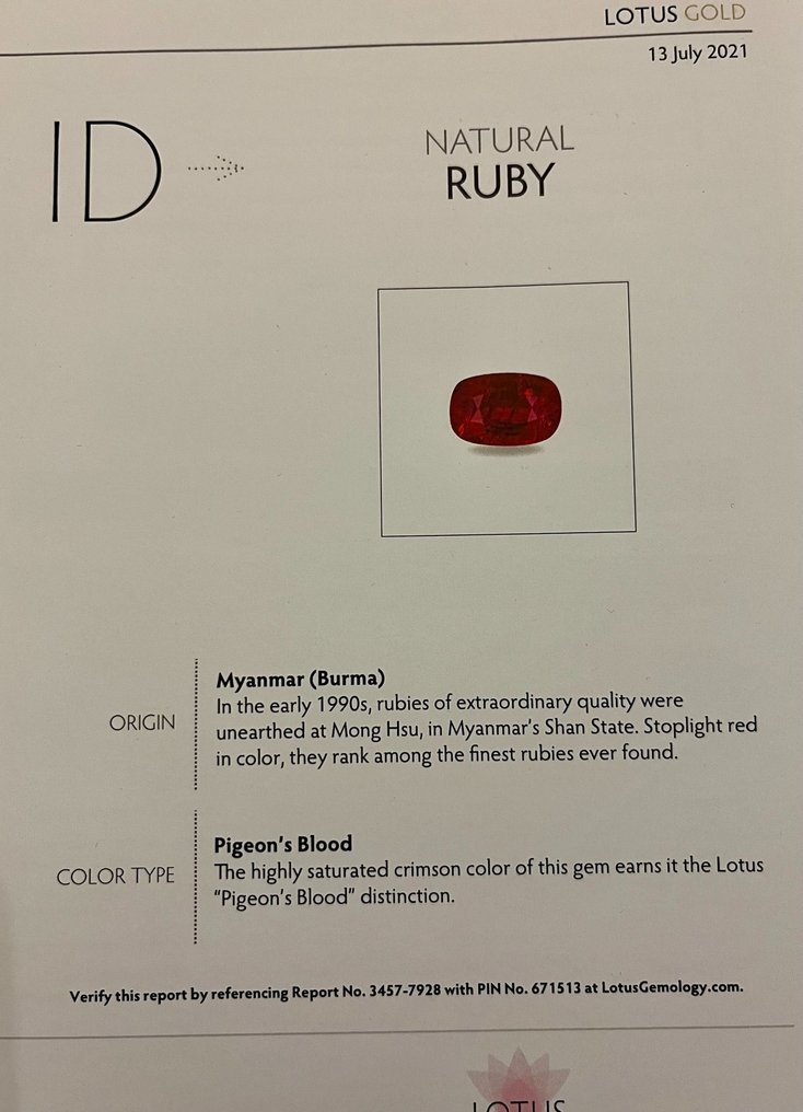 1 pcs  Rubin  - 1.25 ct - Lotus Gemology - Burma, duvans blod. #1.2