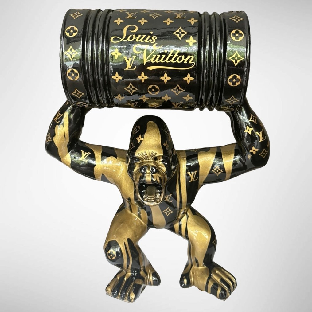 AmsterdamArts - Louis Vuitton Gold paint drip Barrel Gorilla statue #1.1