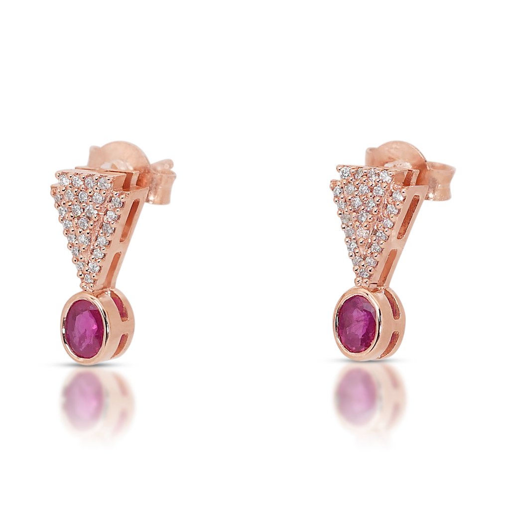 Earrings - 18 kt. Rose gold -  0.82ct. tw. Ruby - Diamond - Art Deco Style #2.1