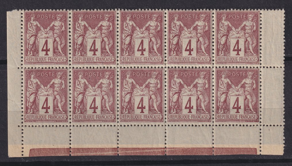 France 1877/1880 - Lot of 4 blocks of 10 and 12 Sages stamps No. 83, 85, 87 and 88, New. Superb - Yvert #2.1