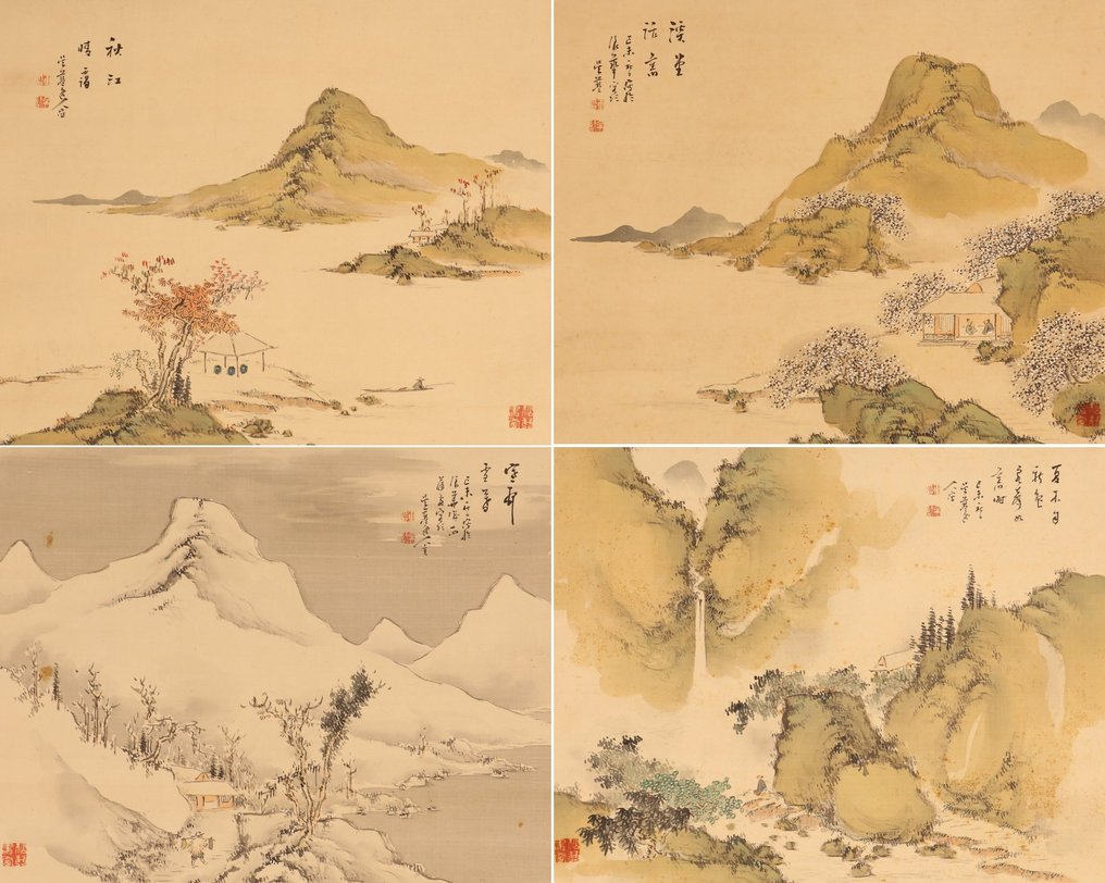 Very fine set "Landscapes through four seasons", signed - including inscribed tomobako - Matsuoka Takeyoshi 松岡剛愛 (1862-?) - Giappone #1.1