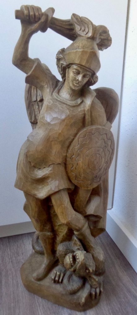 Carving, Heiliger Michael Kämpft mit Luzifer - 58 cm - Wood - 1970 #1.1