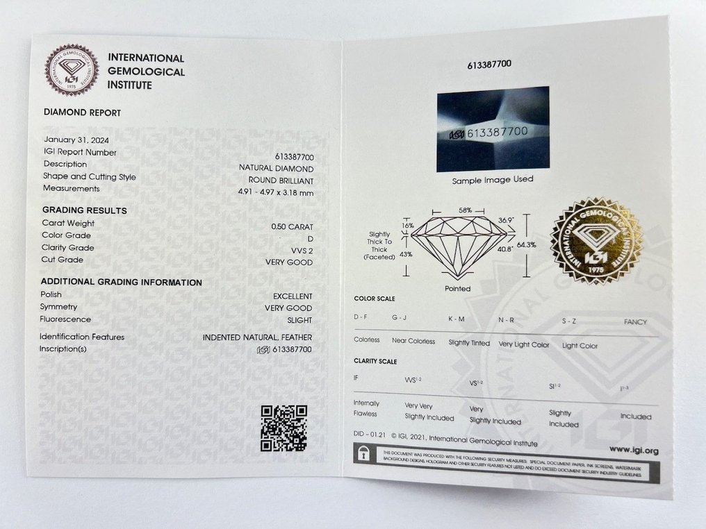 1 pcs Diamant  (Natural)  - 0.50 ct - Rund - D (färglös) - VVS2 - International Gemological Institute (IGI) #2.1