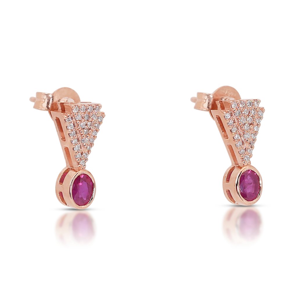 Earrings - 18 kt. Rose gold -  0.82ct. tw. Ruby - Diamond - Art Deco Style #1.2