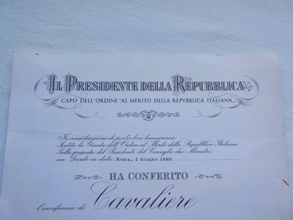 Italien - Medalje - Ordine al Merito della Repubblica Italiana, 1° tipo (fino al 1992), set da Cavaliere e Diploma #2.3
