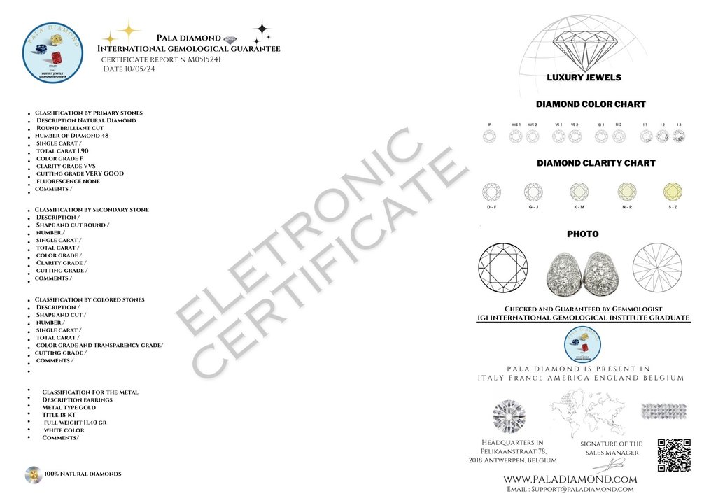 Pala Diamond - 耳環 - 18 克拉 白金 -  1.90ct. tw. 鉆石  (天然) - 卓越品質 #2.2