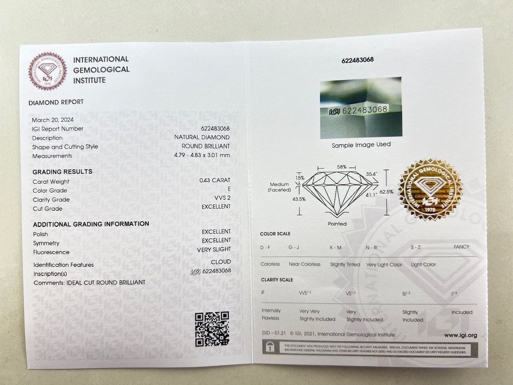 1 pcs Diamante  (Naturale)  - 0.43 ct - Rotondo - E - VVS2 - International Gemological Institute (IGI) #2.1