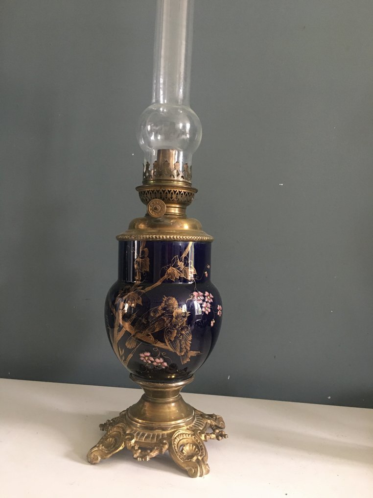 Belle lampe a pètrole Japonisante XIXème - Kerosene lamp - Porcelain, bronze and glass porcelain #1.2