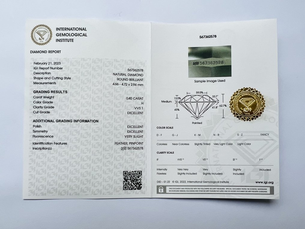 1 pcs Diamante  (Naturale)  - 0.40 ct - H - VVS1 - International Gemological Institute (IGI) - Es ex es #2.1