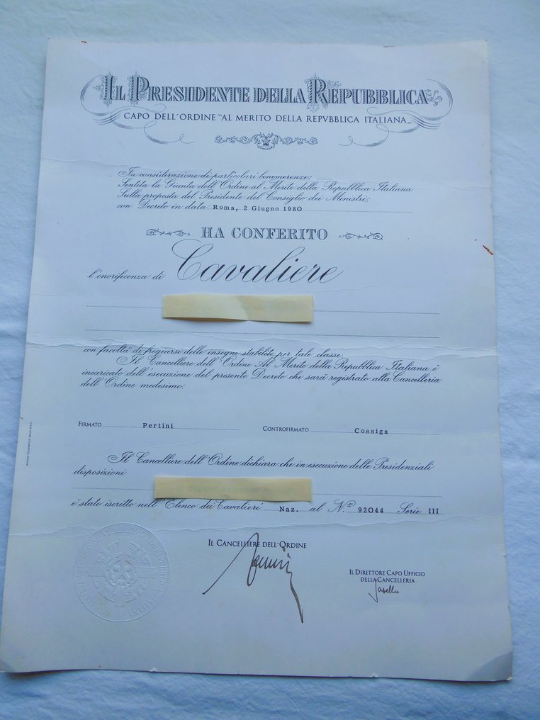 Italia - Mitali - Ordine al Merito della Repubblica Italiana, 1° tipo (fino al 1992), set da Cavaliere e Diploma #2.1