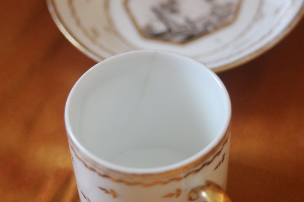 Porcelaine de Paris - Φλιτζάνι και πιατάκι (2) - Tasse litron café en porcelaine de Paris, paysage en grisaille - Πορσελάνη #3.2