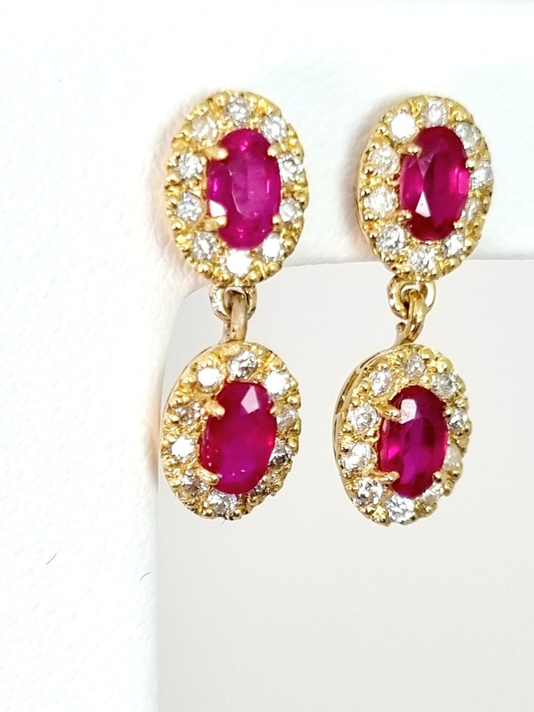 Boucles d'oreilles - 18 carats Or jaune Rubis - Diamant #2.1