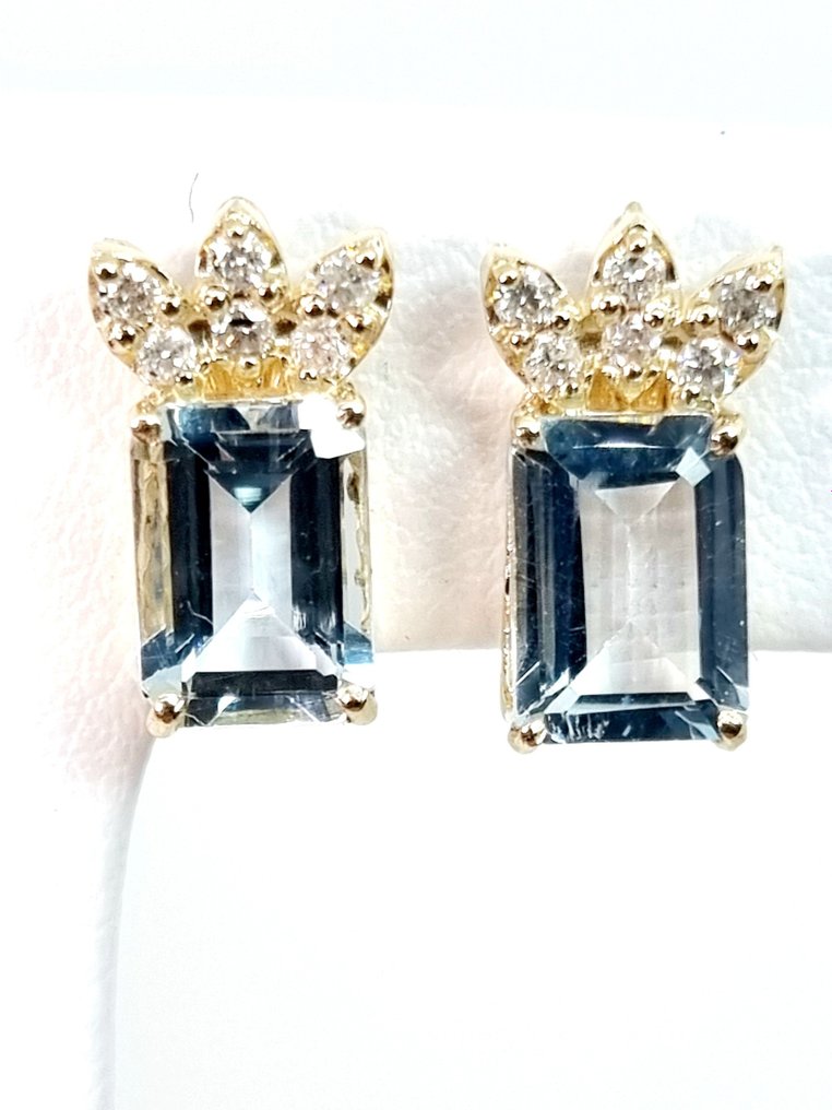 Sans Prix de Réserve - Boucles d'oreilles - 14 carats Or jaune Aigue-marine - Diamant #2.1