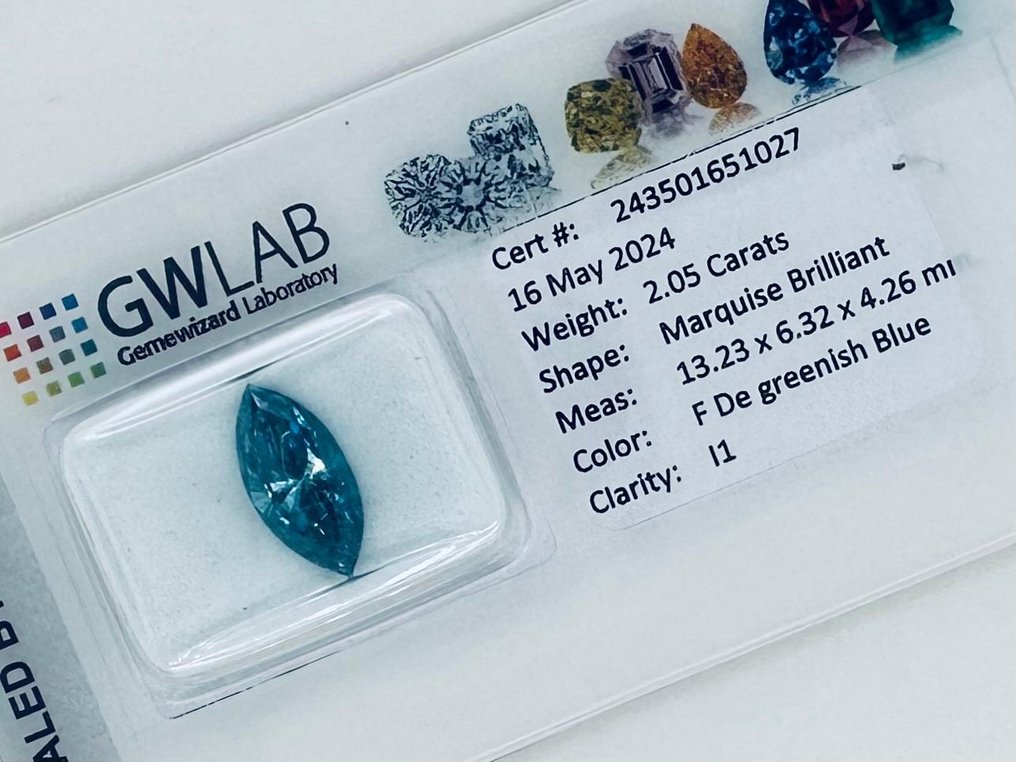 1 pcs Diament  (Poddany obróbce barwy)  - 2.05 ct - markizowy - Fancy deep Niebieski, Zielonkawy - I1 (z inkluzjami) - Gemewizard Gemological Laboratory (GWLab) #2.2