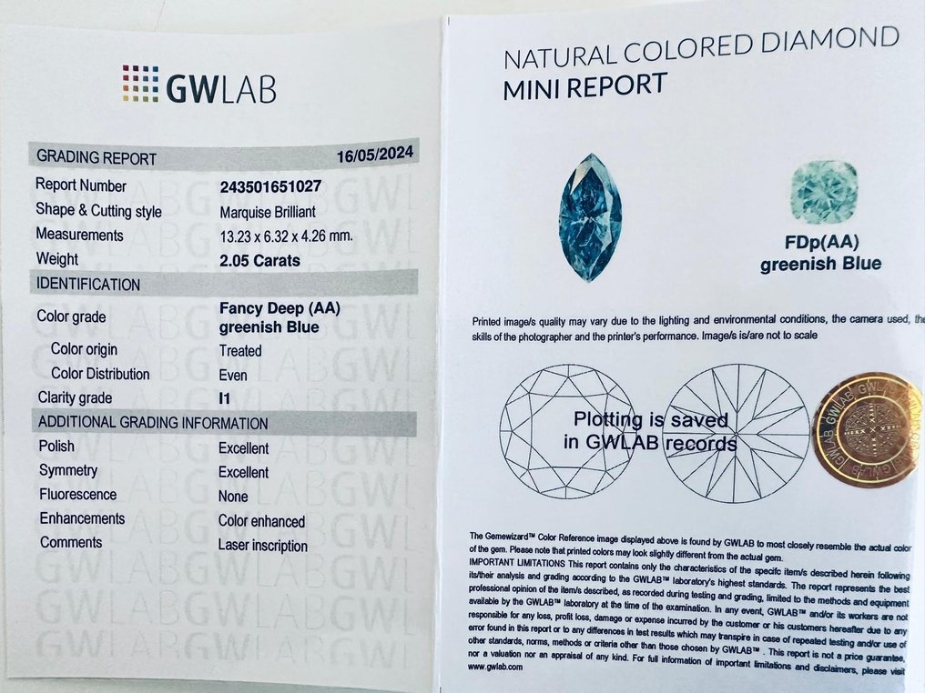 1 pcs Diamant  (Culoare tratată)  - 2.05 ct - Marchiză - Fancy deep Albastru, verzui - I1 - GWLab (Laboratorul gemologic Gemewizard) #3.1