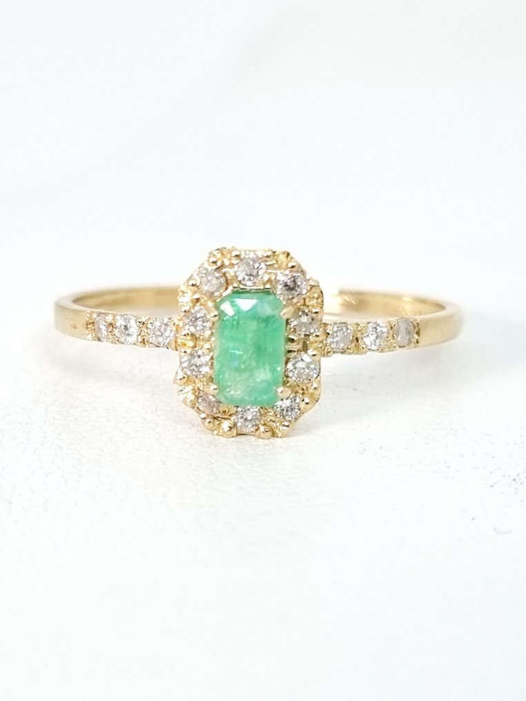Anello - 14 carati Oro giallo Smeraldo - Diamante #2.1