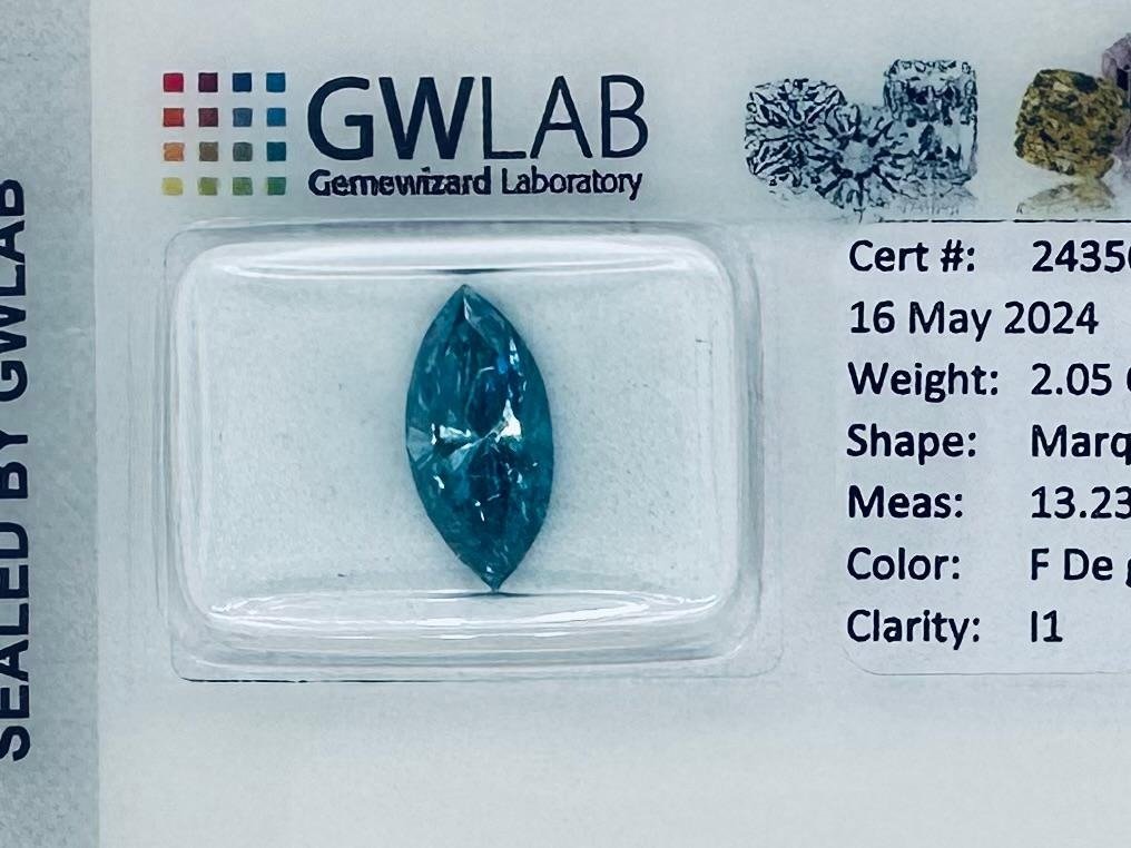 1 pcs Diament  (Poddany obróbce barwy)  - 2.05 ct - markizowy - Fancy deep Niebieski, Zielonkawy - I1 (z inkluzjami) - Gemewizard Gemological Laboratory (GWLab) #1.1