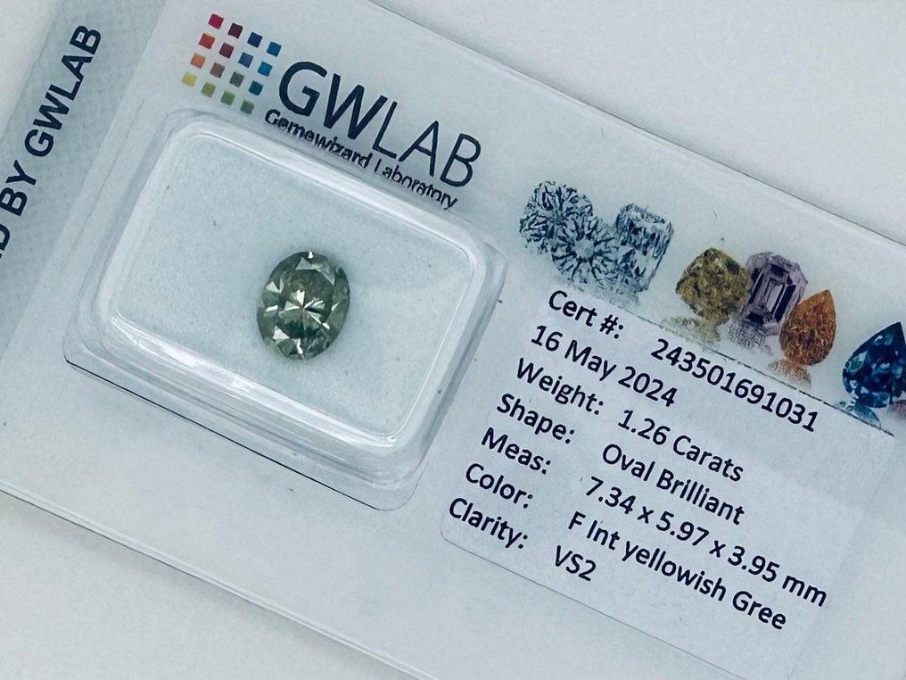 1 pcs Diamant  (Farvebehandlet)  - 1.26 ct - Oval - Fancy intense Grøn, Gullig - VS2 - Gemewizard Gemological Laboratory (GWLab) #2.1