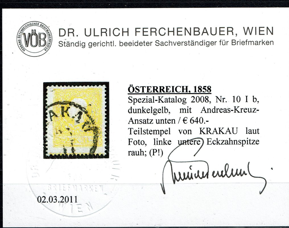 Austria 1858/1858 - Caracter special din 1858, nr. 10 Ib cu abordare Andreas Kreuz #1.1