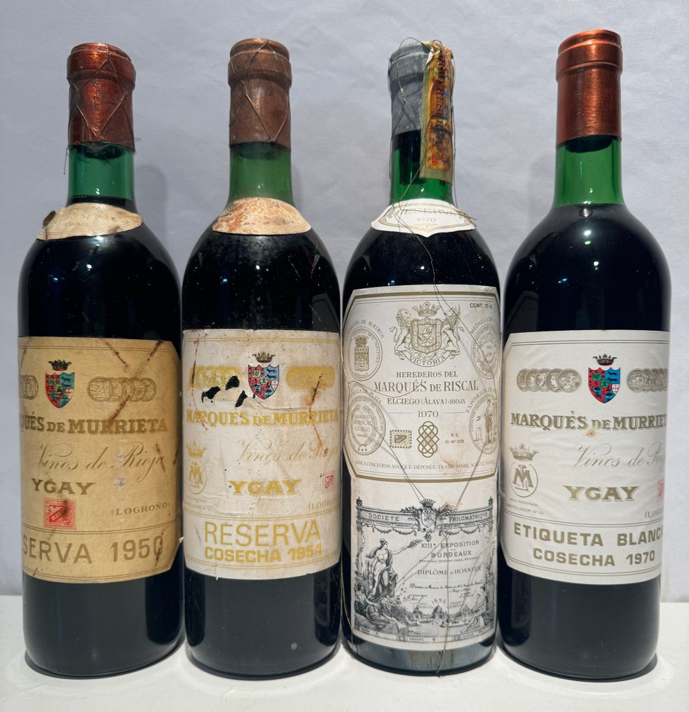 1950 & 1954 Marqués de Murrieta, Ygay, 1970 Marqués de Riscal & 1970 Ygay Etiqueta Blanca - Rioja Reserva - 4 Flessen (0.75 liter) #1.1