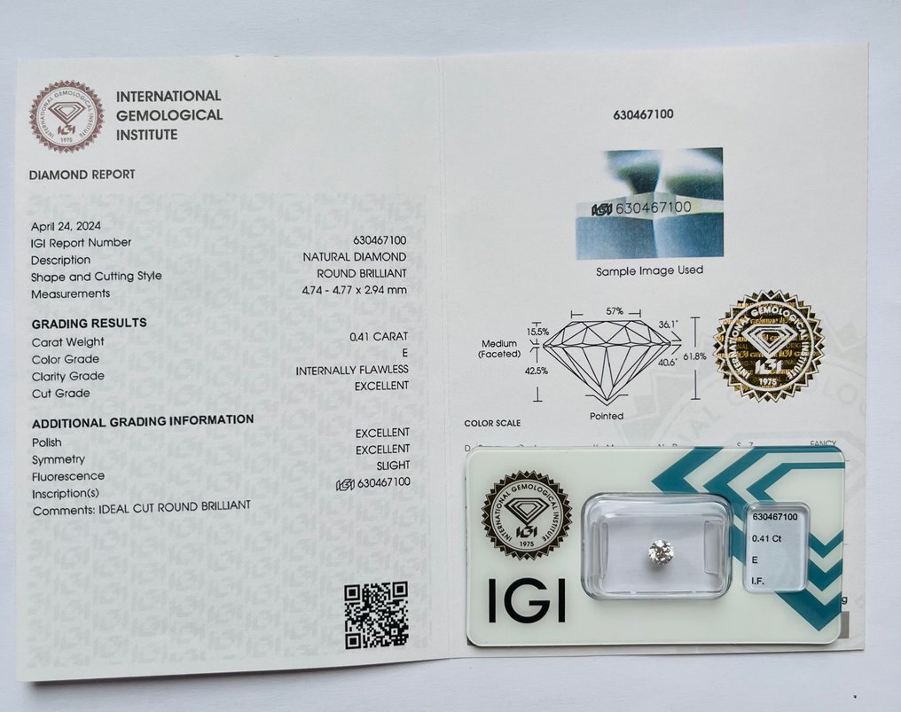 1 pcs Diamante  (Natural)  - 0.41 ct - Redondo - E - IF - International Gemological Institute (IGI) - Ex Ex Ex #3.1