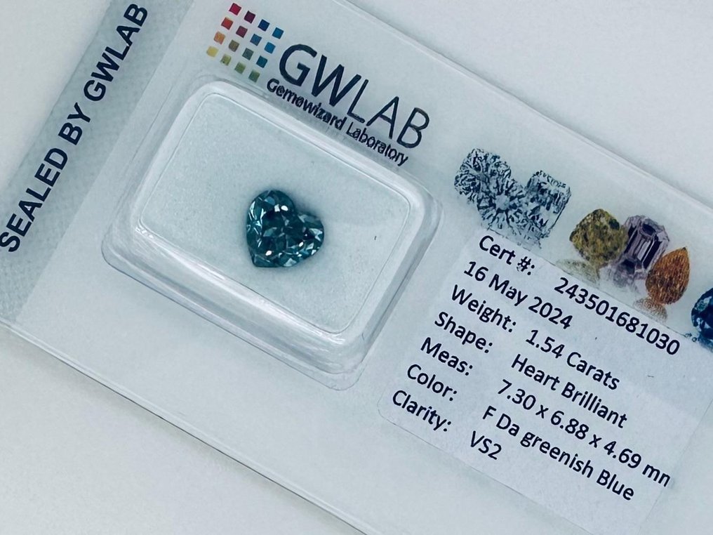 1 pcs 钻石  (经彩色处理)  - 1.54 ct - 心形 - Fancy dark 稍帶綠色的 蓝色 - VS2 轻微内含二级 - Gemewizard宝石实验室（GWLab） #2.1