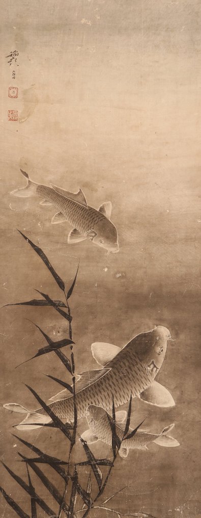 Very fine diptych "Carps", signed - including tomobako - Hijikata Torei (1741-1807) - 日本 - Edo Period (1600-1868) #3.2