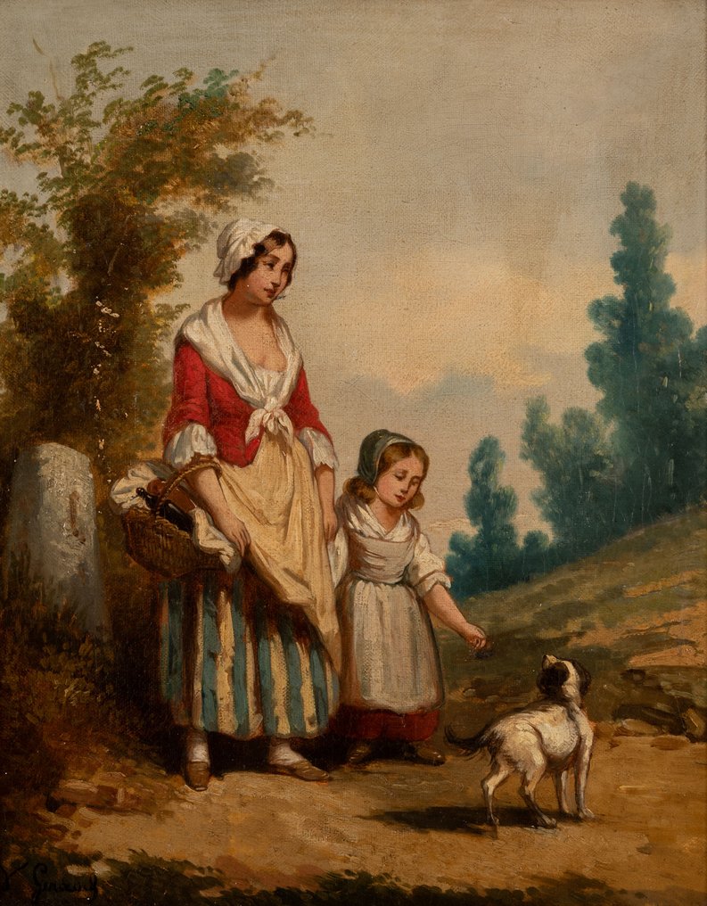 Victor-Julien Giraud  (1840-1871) - Portrait of mother and daughter with dog #1.1