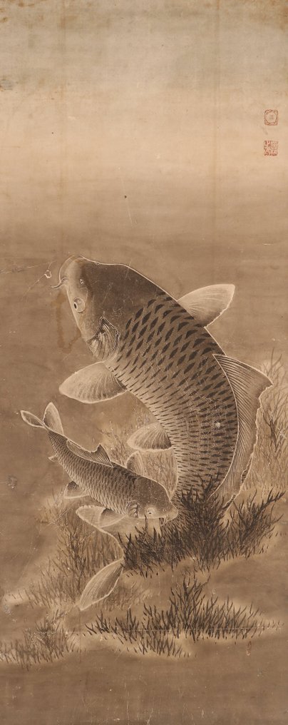 Very fine diptych "Carps", signed - including tomobako - Hijikata Torei (1741-1807) - Ιαπωνία - Edo Period (1600-1868) #2.1