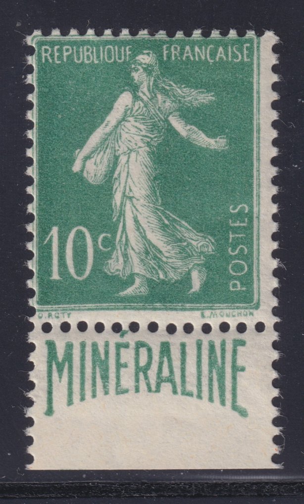France 1924 - Semeuse 10c vert, n° 188A Neuf* signé Calves, Bandelette publicitaire "Minéraline" Très beau. - Yvert #1.1