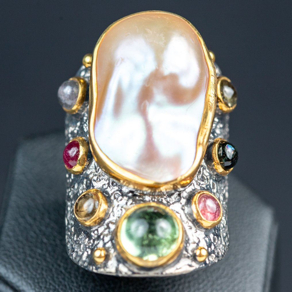 Magnificent ring with Keshi pearl and colored tourmalines - Height: 36 mm - Width: 30 mm- 24 g #1.0