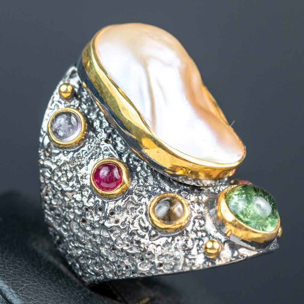 Magnificent ring with Keshi pearl and colored tourmalines - Height: 36 mm - Width: 30 mm- 24 g #1.0
