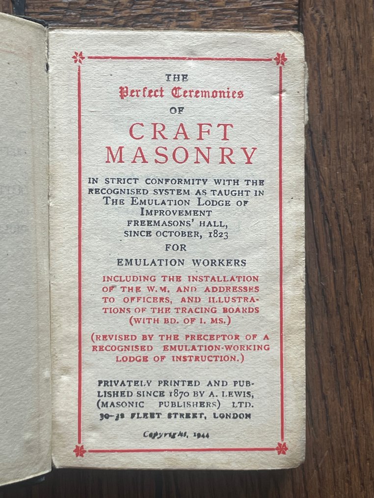 Freemasonry - Extremely Rare 1944 The Perfect Ceremonies for Craft Masonry and Emulation Workers/ Family - 1944 #1.1