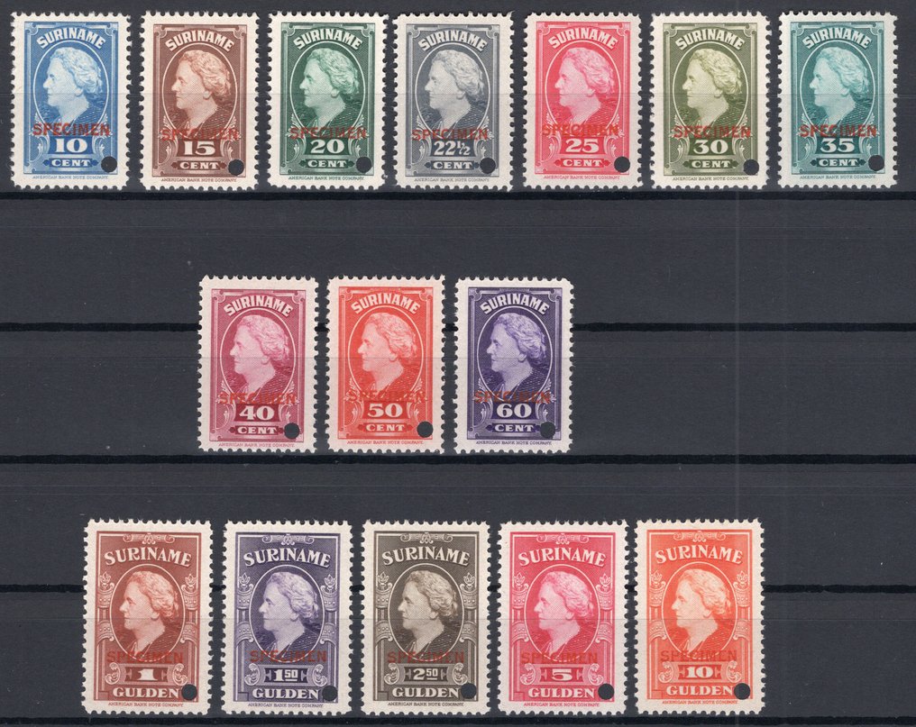 Surinam 1945 - Sellos postales y perforaciones Wilhelmina “Espécimen” - NVPH 220/243 #1.3