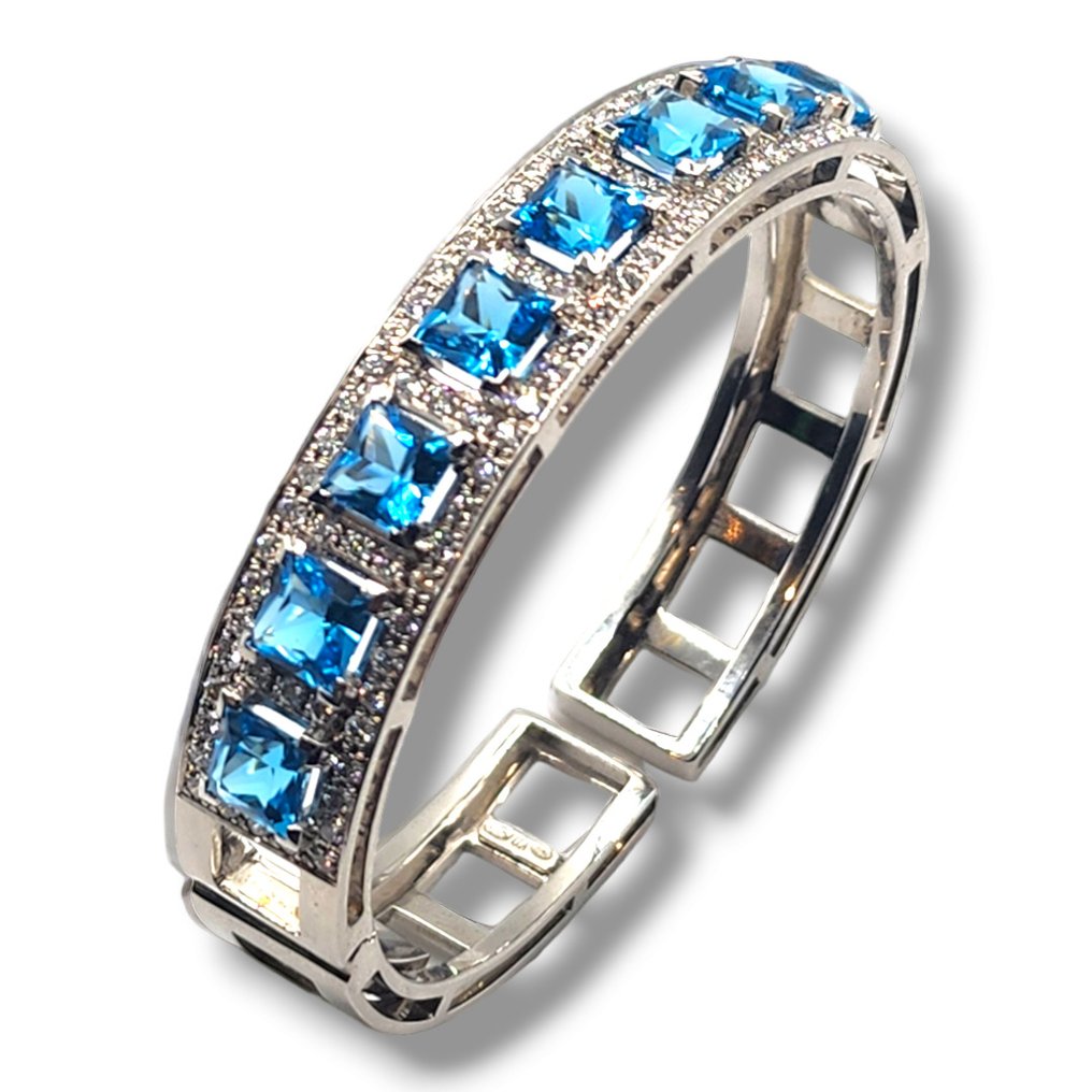 Bracelet - 18 carats Or blanc, Bracelet vintage en or 18 carats et diamants 2,80 carats avec topaze bleue - Diamant #1.1