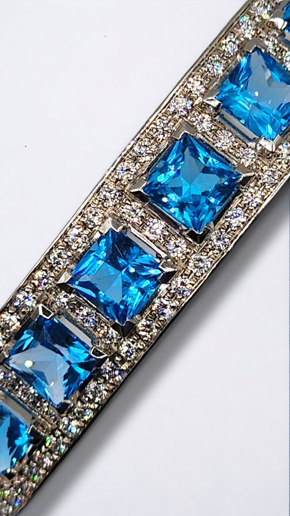 Bracelet - 18 carats Or blanc, Bracelet vintage en or 18 carats et diamants 2,80 carats avec topaze bleue - Diamant #2.1