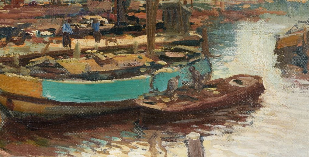 Kees Terlouw (1890-1948) - Moored boats with a view over the St.-Nikolaaskerk and the Scheierstoren in Amsterdam #3.1