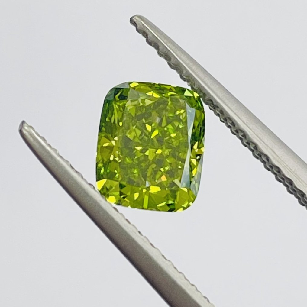 1 pcs Gyémánt  (Színkezelt)  - 1.25 ct - Párna - Fancy deep Sárga Zöld - SI1 #2.1