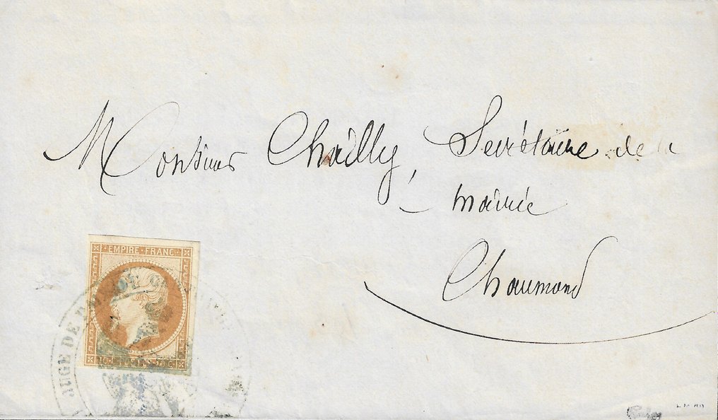 Ranska 1860 - Ainutlaatuinen, Empire 10 senttiä hammastamaton bistre peruutettu sininen rauhantuomari leima - Yvert et Tellier n°13 #1.1