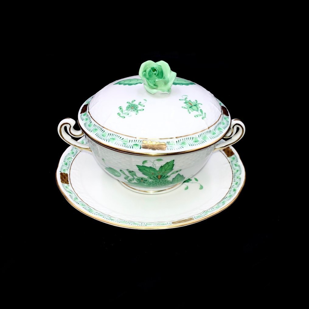 Herend - Soup Cup with Rose Knob Lid and Saucer - "Chinese Apponyi Green" - Cuencos para sopa - Porcelana pintada a mano. #1.2