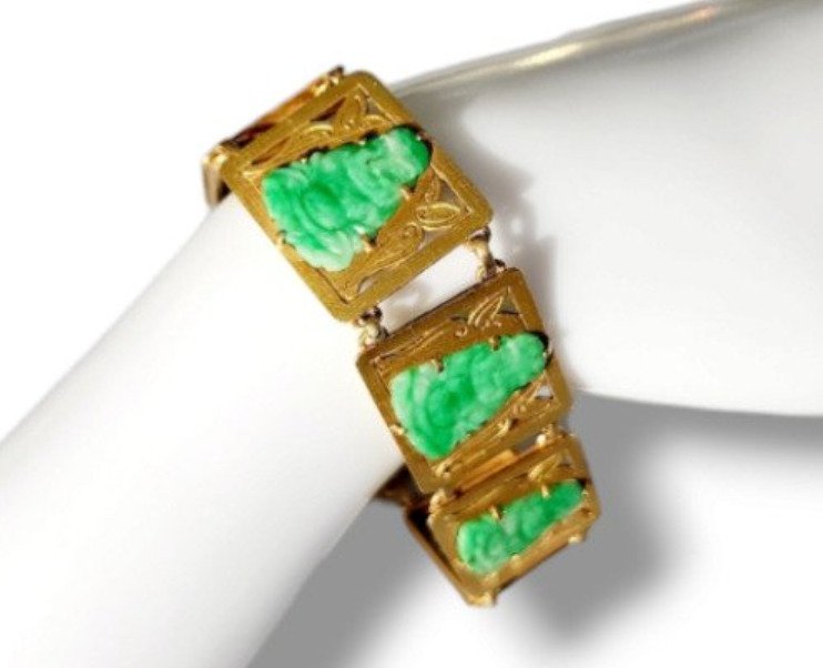 Armband Vintage 14 Karat Gold & grüne Jade Armband 28 Gramm chinesisches Motiv Jade #2.1