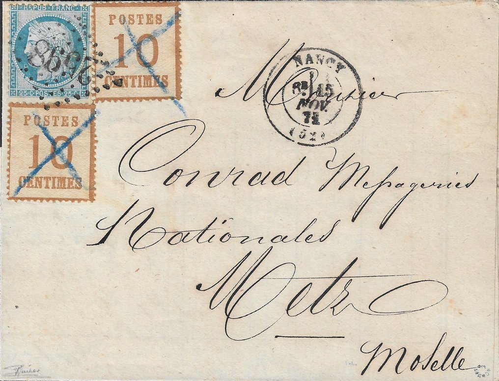 法國 1870 - 卓越的雙重郵資法國阿爾薩斯洛林 - Yvert et Tellier n°30 + alsace lorraine n°5 #1.1