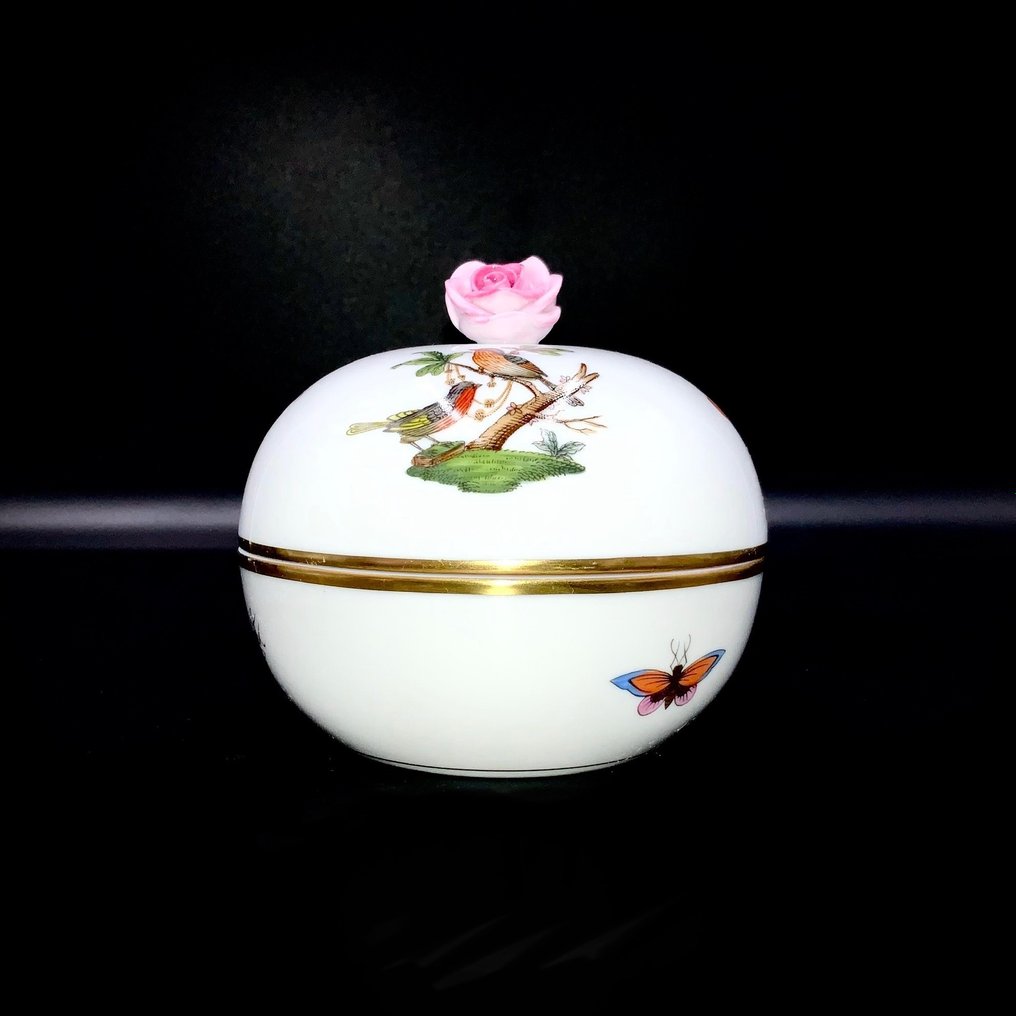 Herend - Artwork Round Jewelry Holder/Box - "Rothschild Bird" Pattern - Fad - Håndmalet porcelæn #2.1