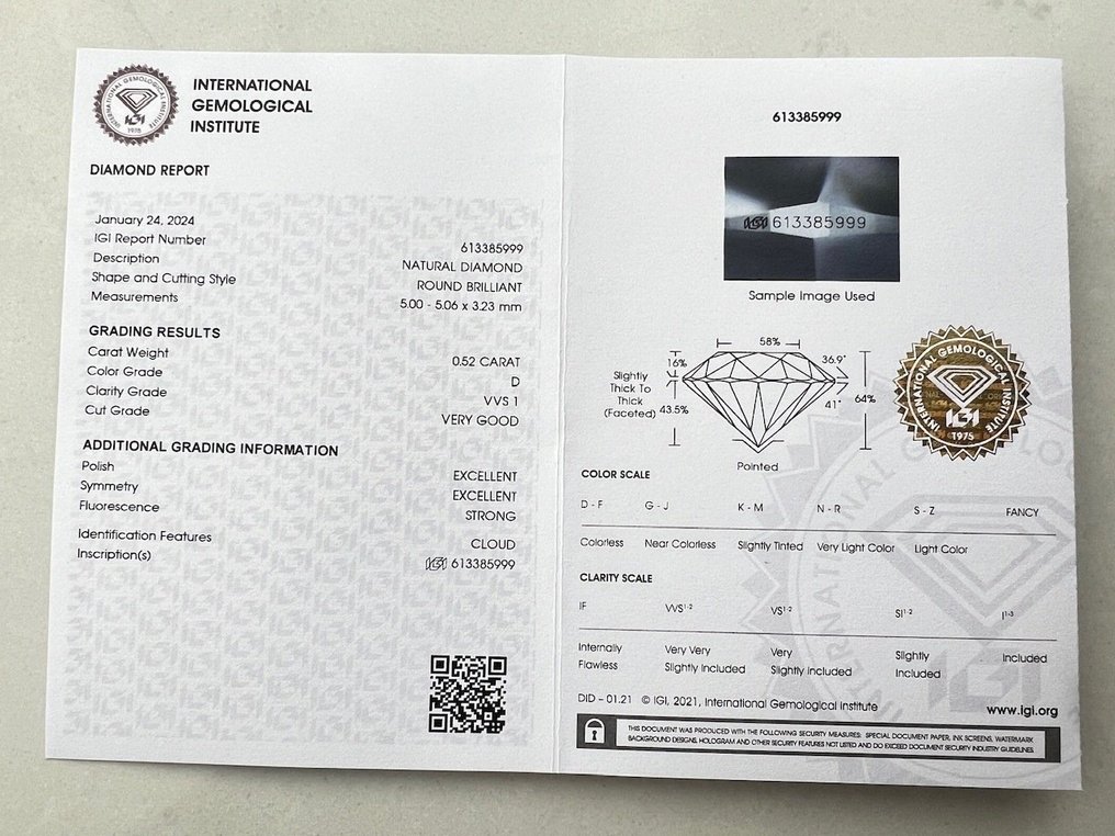 1 pcs Diamond  (Natural)  - 0.52 ct - Round - D (colourless) - VVS1 - International Gemological Institute (IGI) #2.1